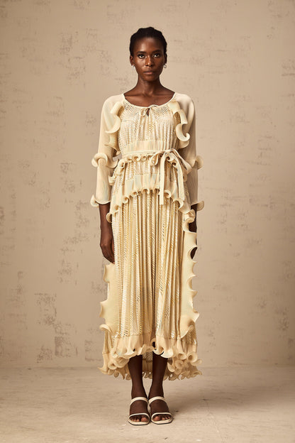 Ellie neutrals gilded ruffled midi dress (US Only)