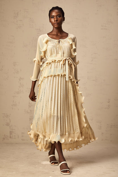 Ellie neutrals gilded ruffled midi dress (US Only)