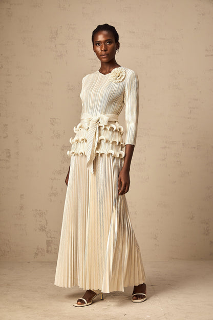 Cloris floral-appliqué ruffled pleated jumpsuit