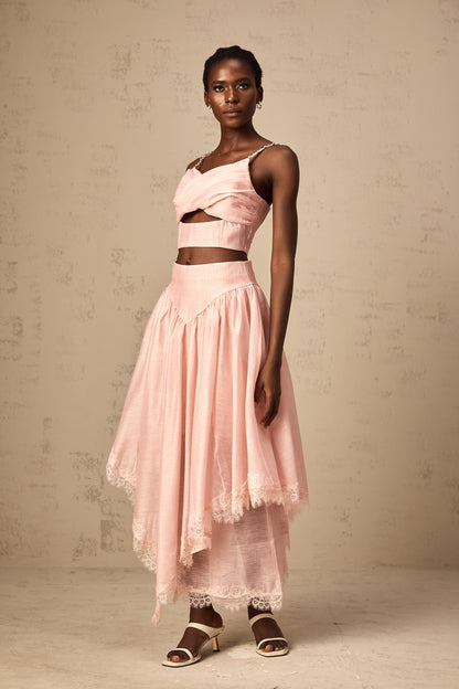 Tamara pink asymmetric ruffled top & skirt matching set