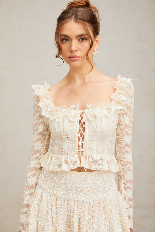 Eugénie off-white floral-lace ruffled blouse