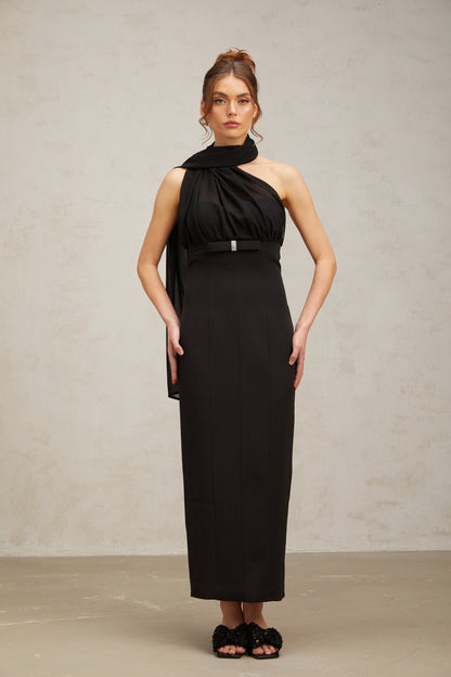Nicole black one-shoulder draped midi dress