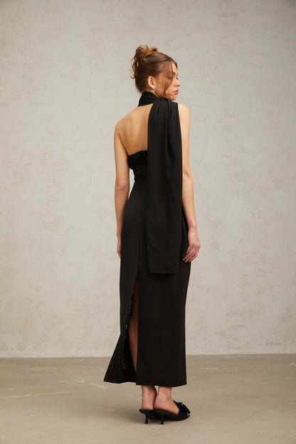 Nicole black one-shoulder draped midi dress