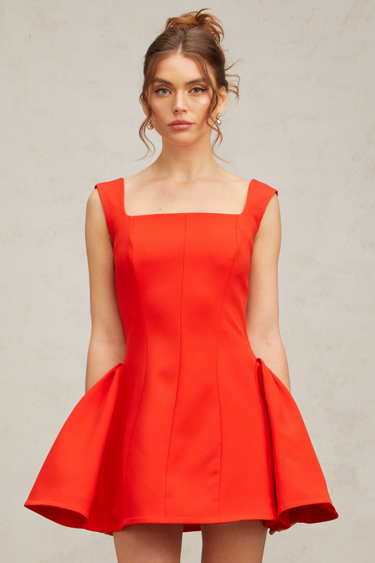 Margherita square-neck puff mini dress in Red