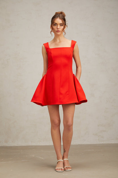 Margherita square-neck puff mini dress in Red