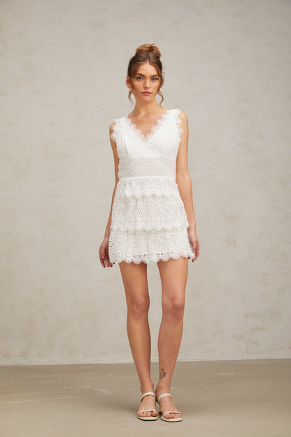 Lucie white lace tiered mini dress