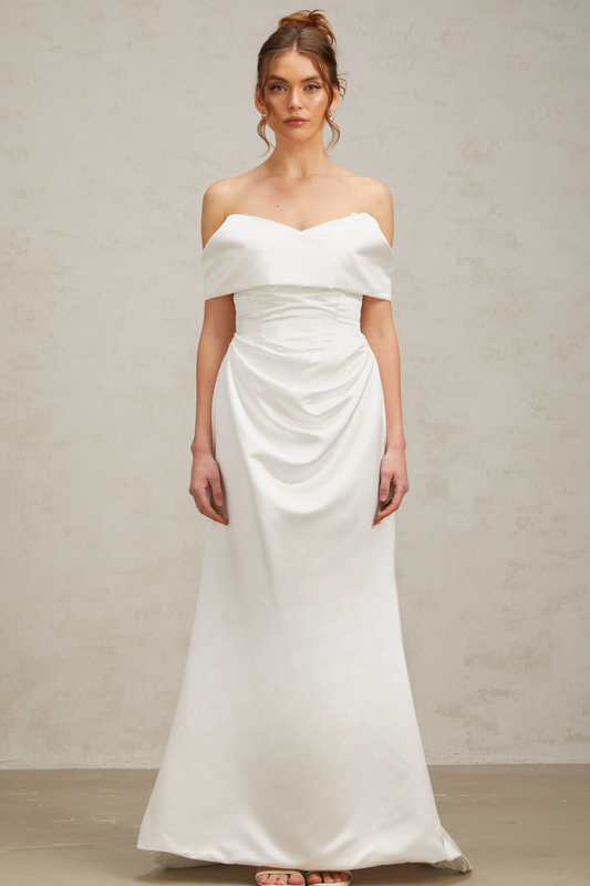 Lucia white off-shoulder ruched satin maxi dress (US Only)