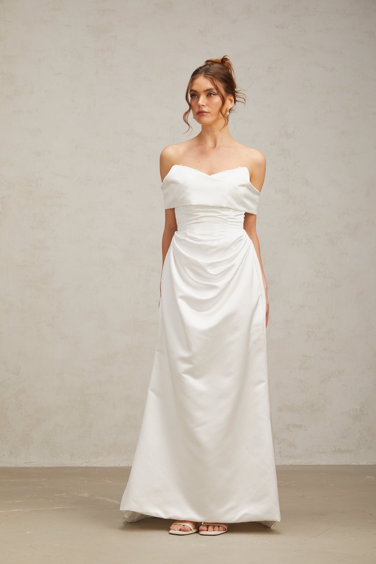 Lucia white off-shoulder ruched satin maxi dress (US Only)