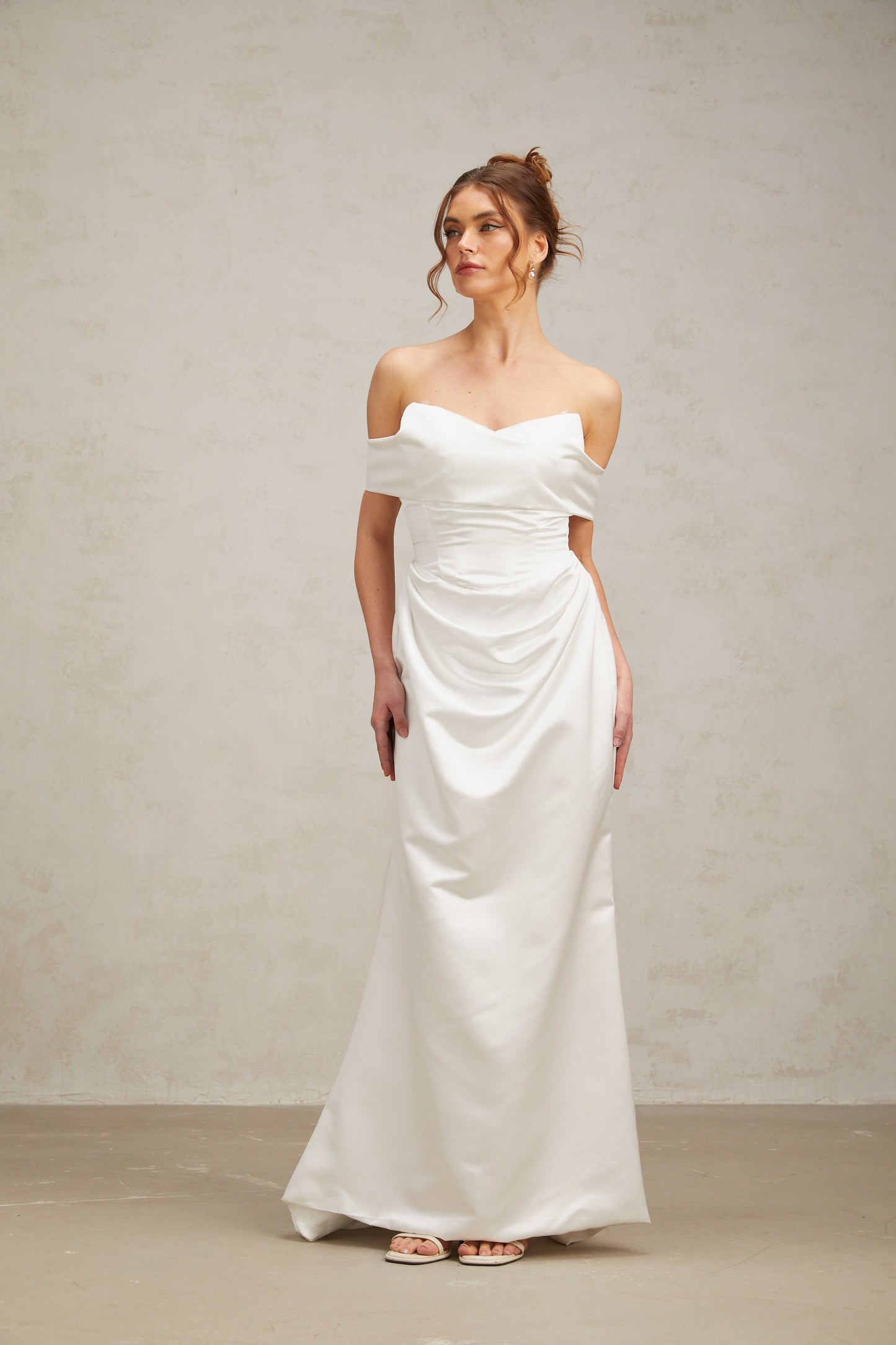 Lucia white off-shoulder ruched satin maxi dress (US Only)