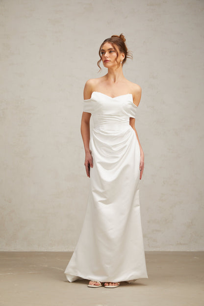 Lucia white off-shoulder ruched satin maxi dress (US Only)