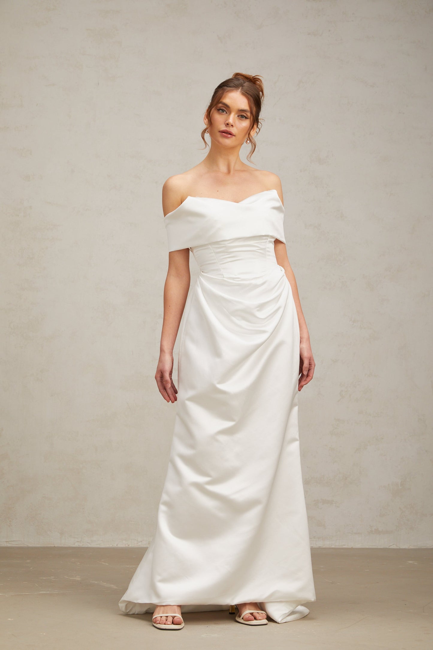 Lucia white off-shoulder ruched satin maxi dress (US Only)