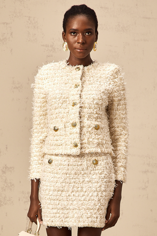 Jolanda white furry knit cardigan & skirt matching set