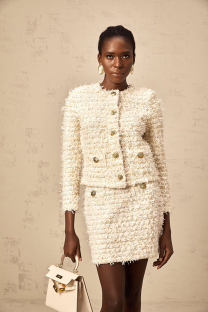 Jolanda white furry knit cardigan & skirt matching set