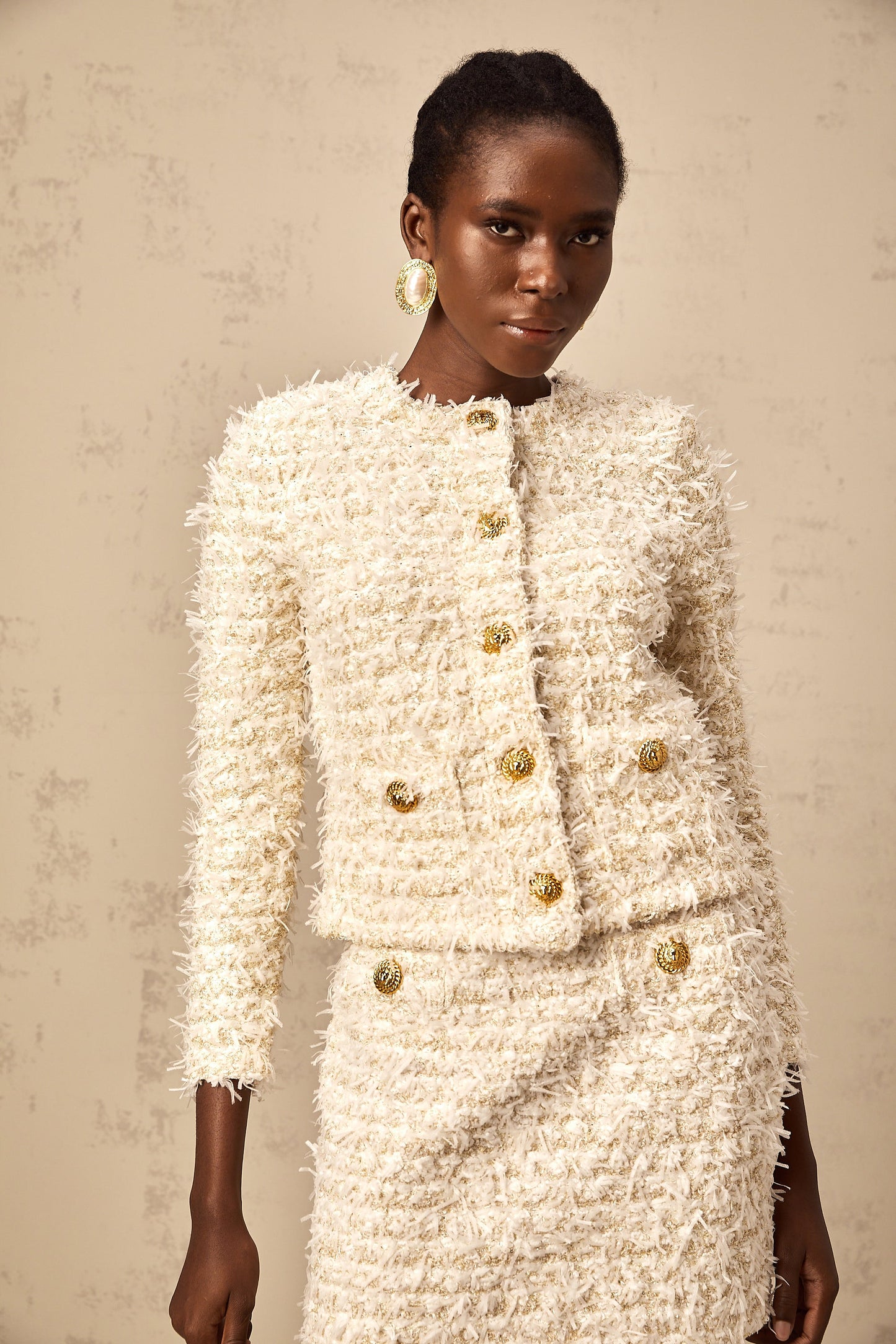 Jolanda white furry knit cardigan & skirt matching set