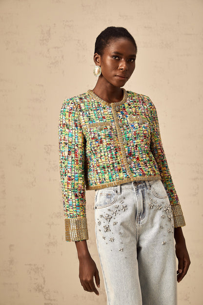 Octavie gold-tone sequined checked tweed jacket
