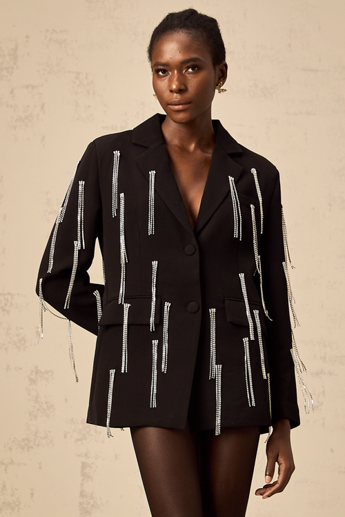 Regina black crystal-tassel blazer