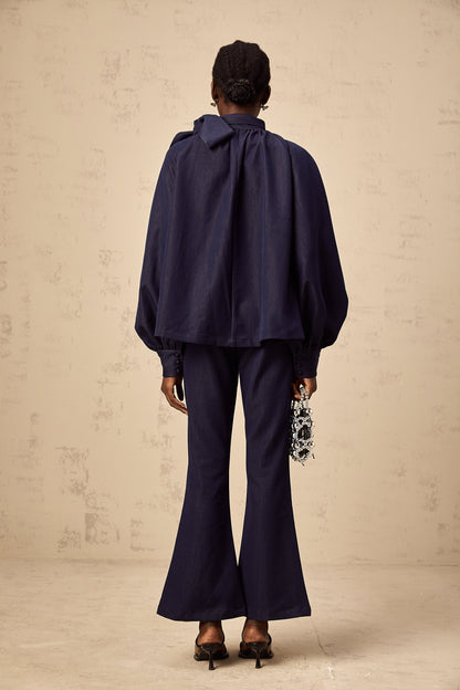 Mathilde denim blue flared blouse & trousers matching set
