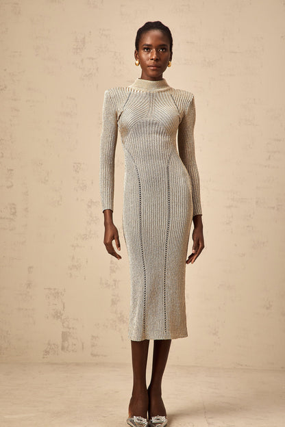 Candice gold pointelle ribbed-knit midi dress