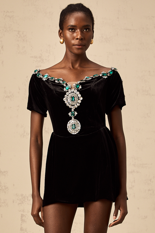Camille black velvet embellished mini dress (US Only)