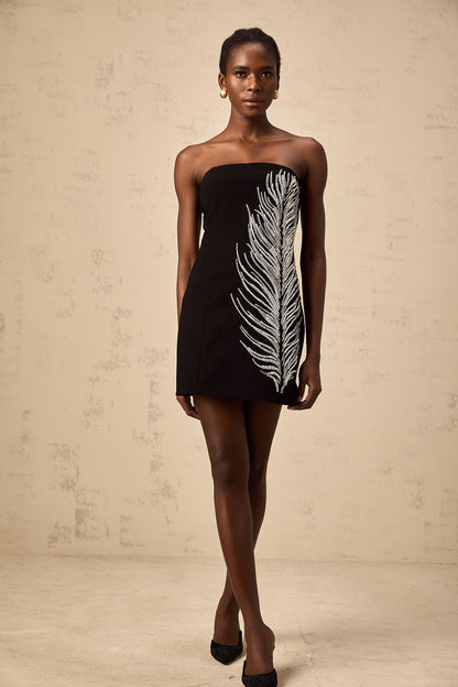 Jelena black off-shoulder feather-motif embellished mini dress
