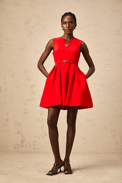 Quiana red split-neck cinched-waist mini dress