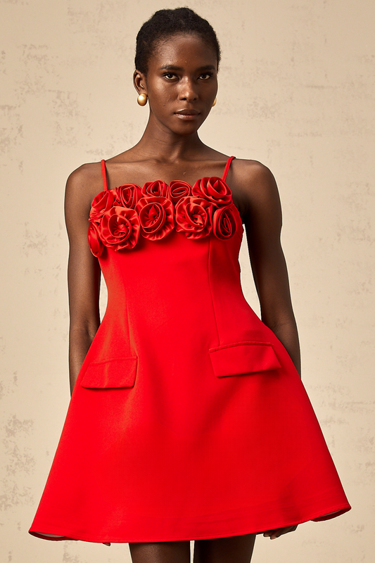 Mignon rose-appliqué flared mini dress in Red