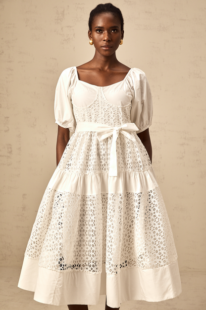 Hélène white corded-lace tiered midi dress