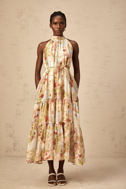 Ulani floral-print sleeveless midi dress in Neutrals