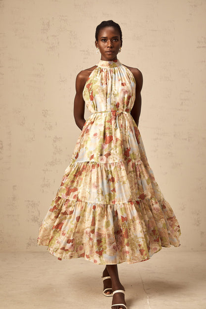 Ulani floral-print sleeveless midi dress in Neutrals