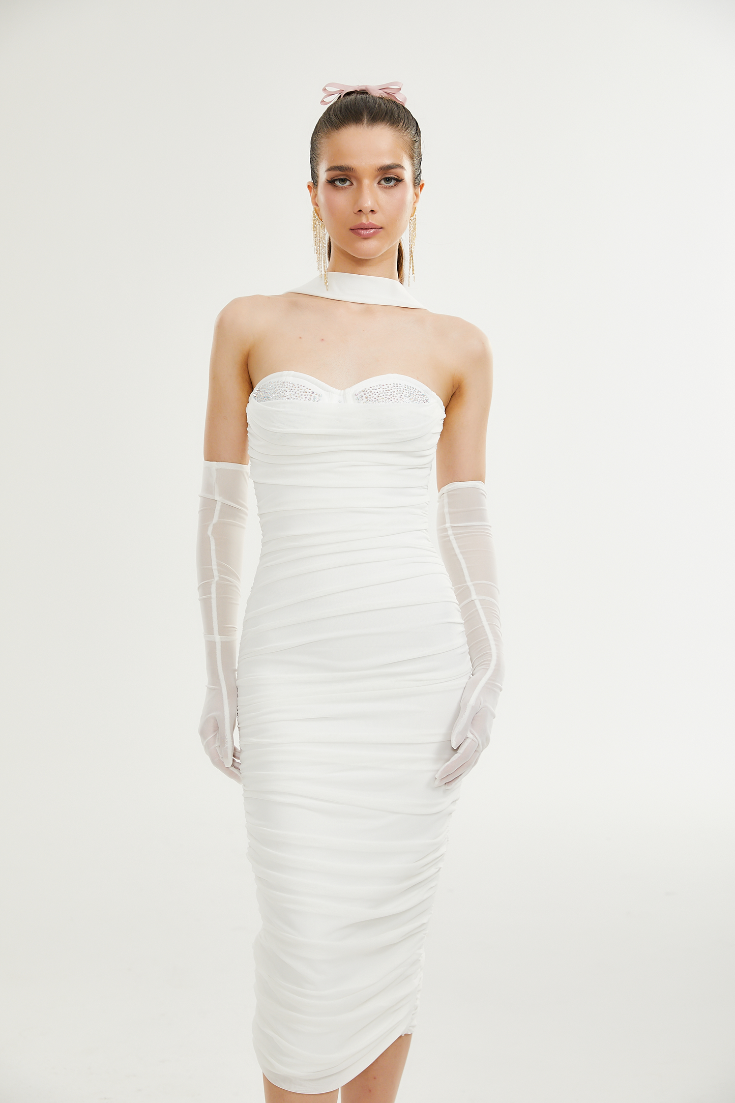 Pádraigín white mesh gathered midi dress