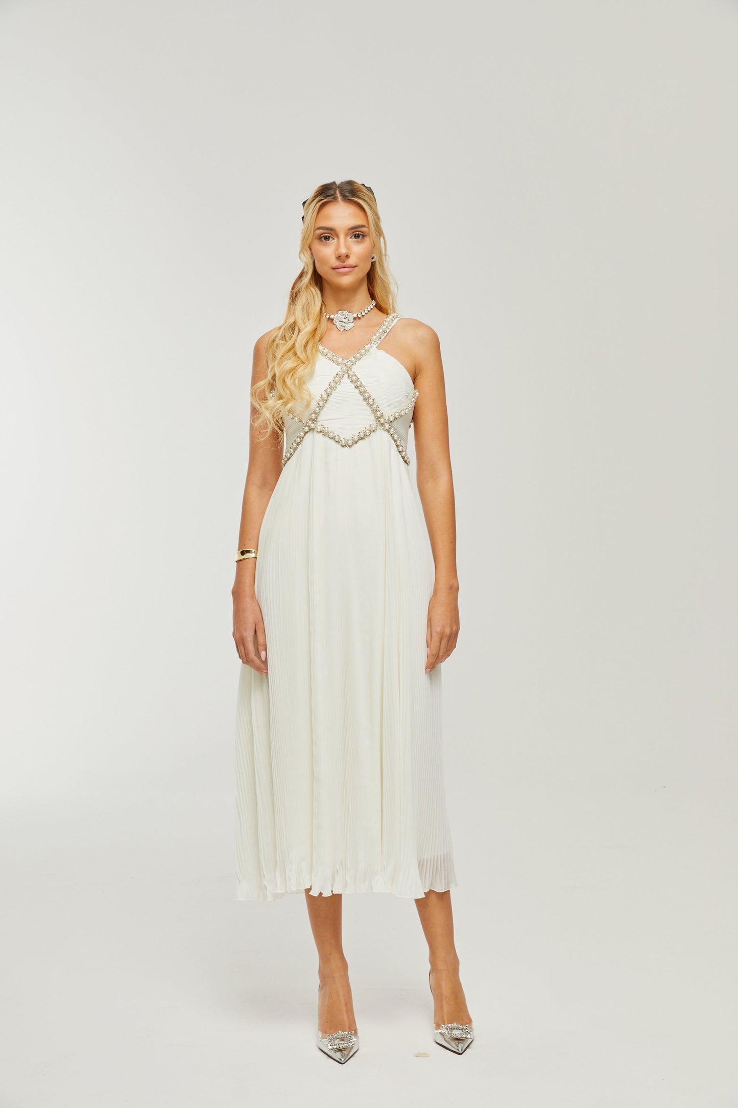 Hermine V-neck faux-pearl embellished midi dress (US Only)
