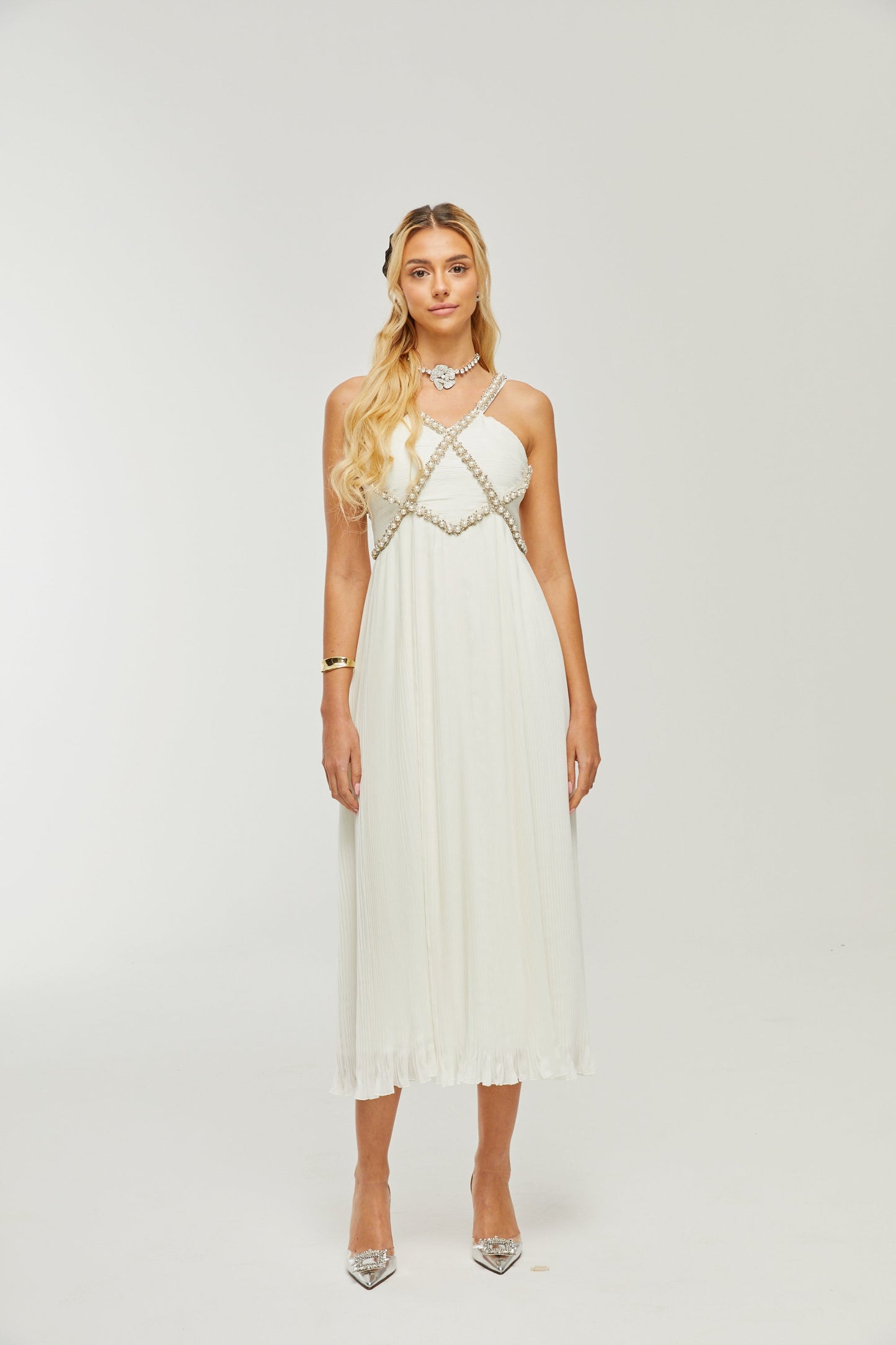 Hermine V-neck faux-pearl embellished midi dress (US Only)