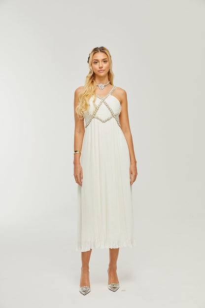 Hermine V-neck faux-pearl embellished midi dress (US Only)