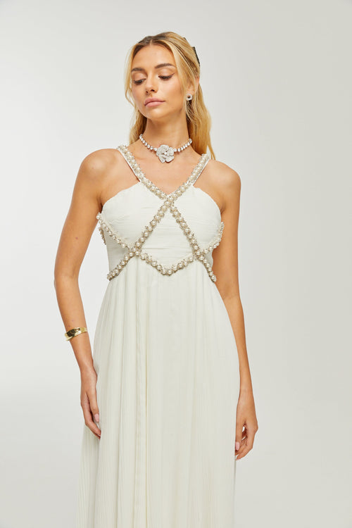 Hermine V-neck faux-pearl embellished midi dress (US Only)