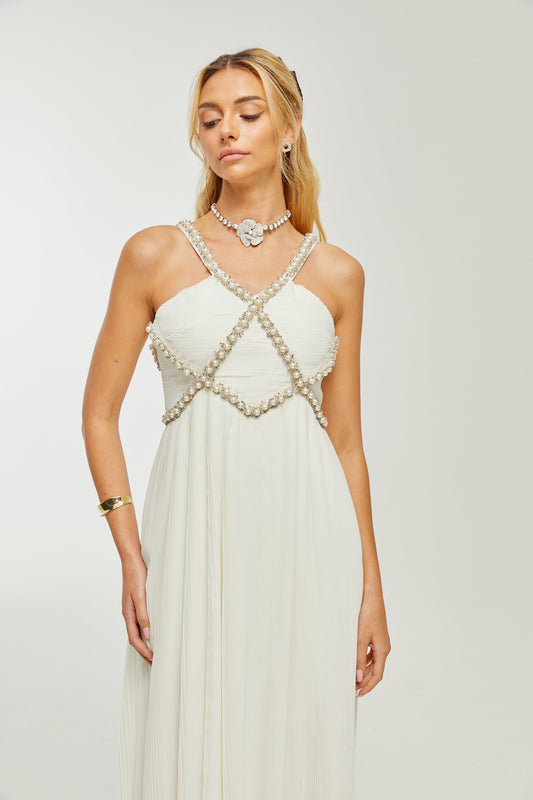 Hermine V-neck faux-pearl embellished midi dress (US Only)