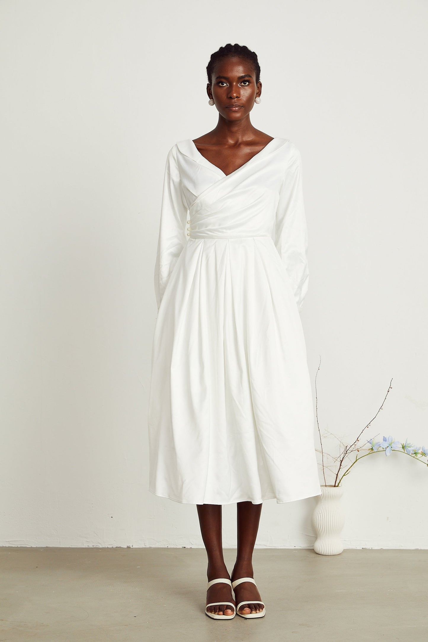 Emma white pleated V-neck midi dress (US Only)