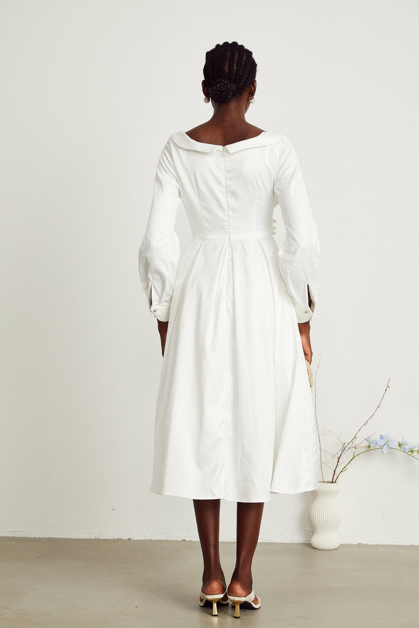 Emma white pleated V-neck midi dress (US Only)