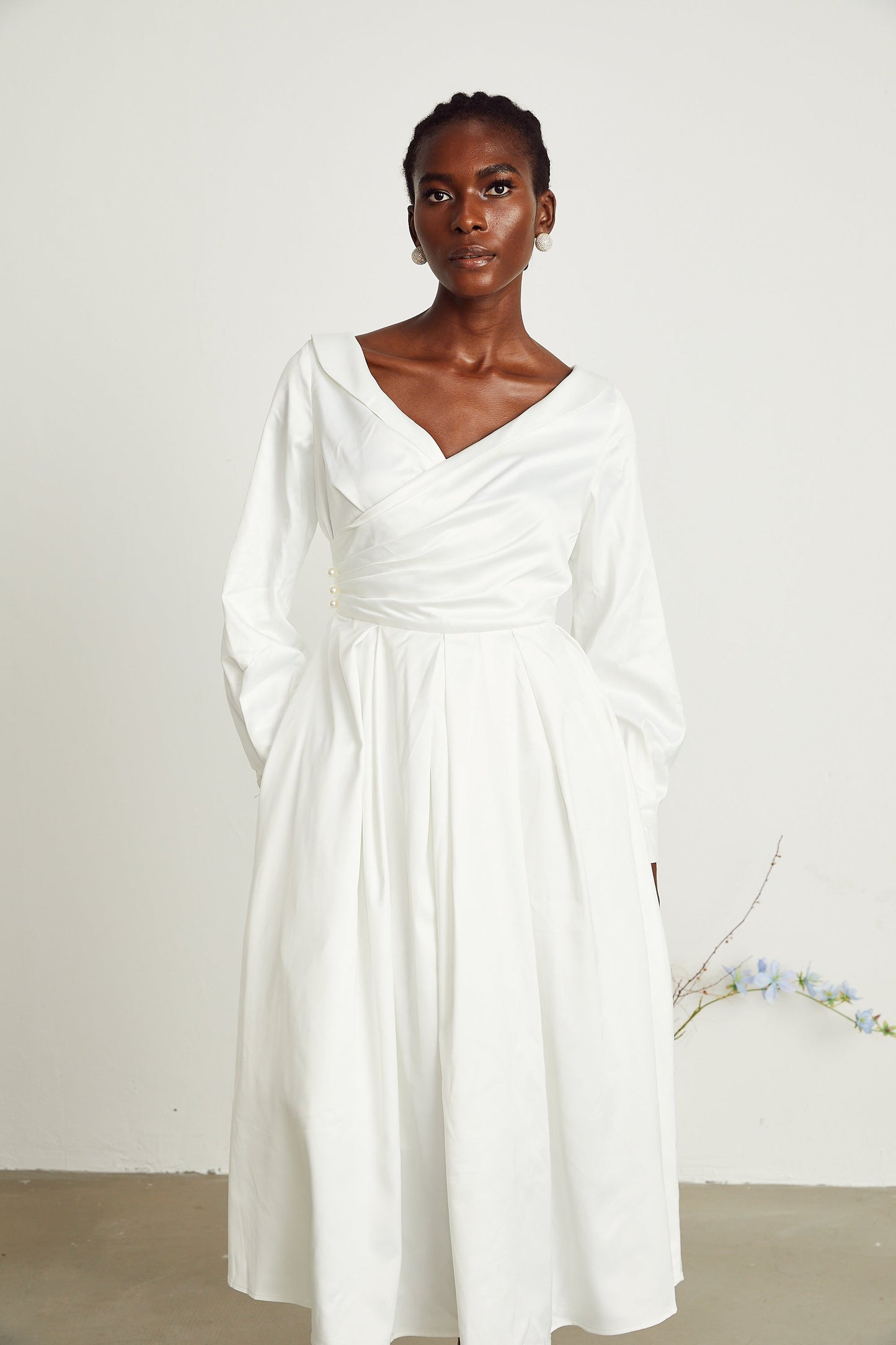 Emma white pleated V-neck midi dress (US Only)