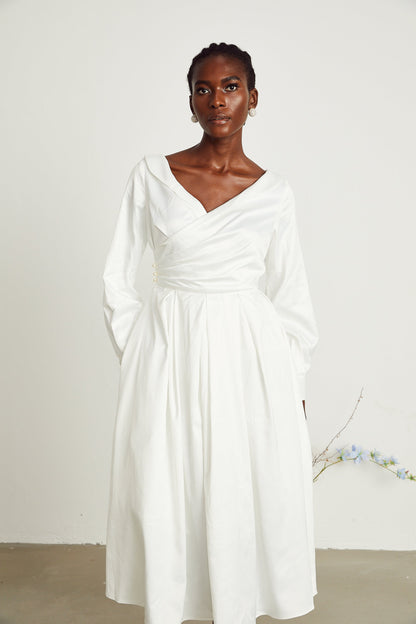 Emma white pleated V-neck midi dress (US Only)