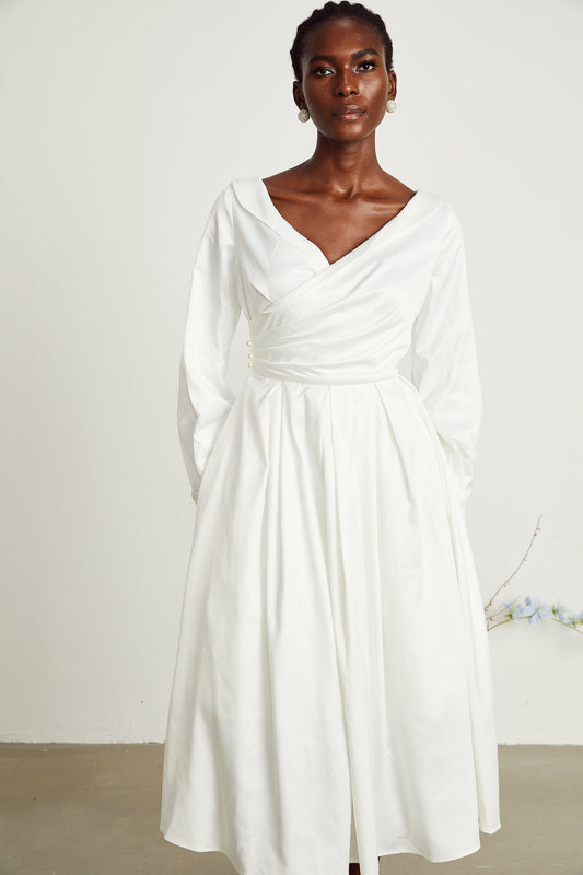 Emma white pleated V-neck midi dress (US Only)