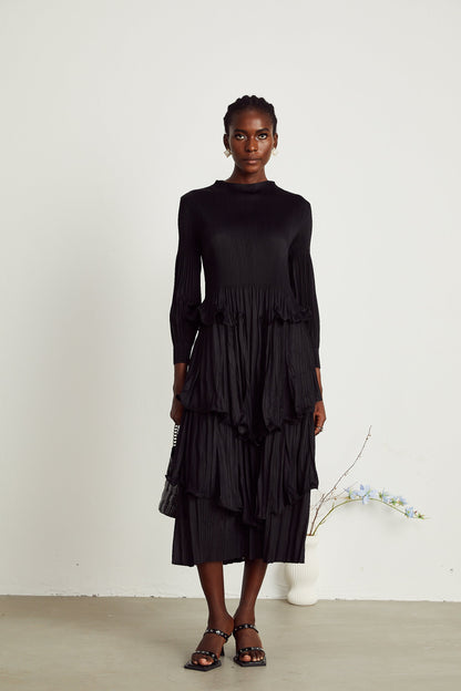 Brianna black tiered pleated midi dress (US Only)