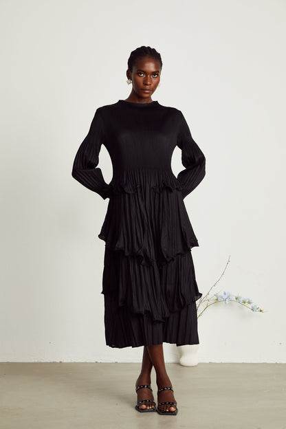Brianna black tiered pleated midi dress (US Only)