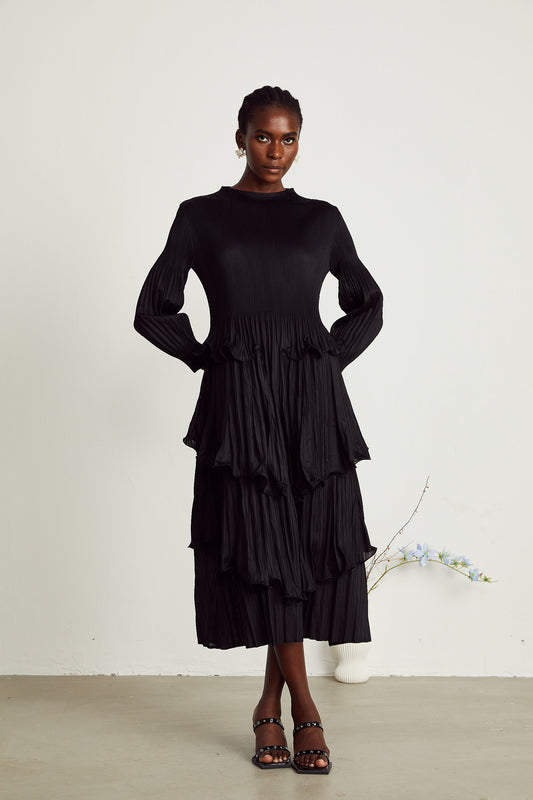 Brianna black tiered pleated midi dress (US Only)