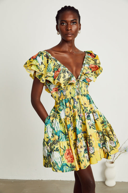 Saige ruffled floral-print mini dress in Yellow (US Only)