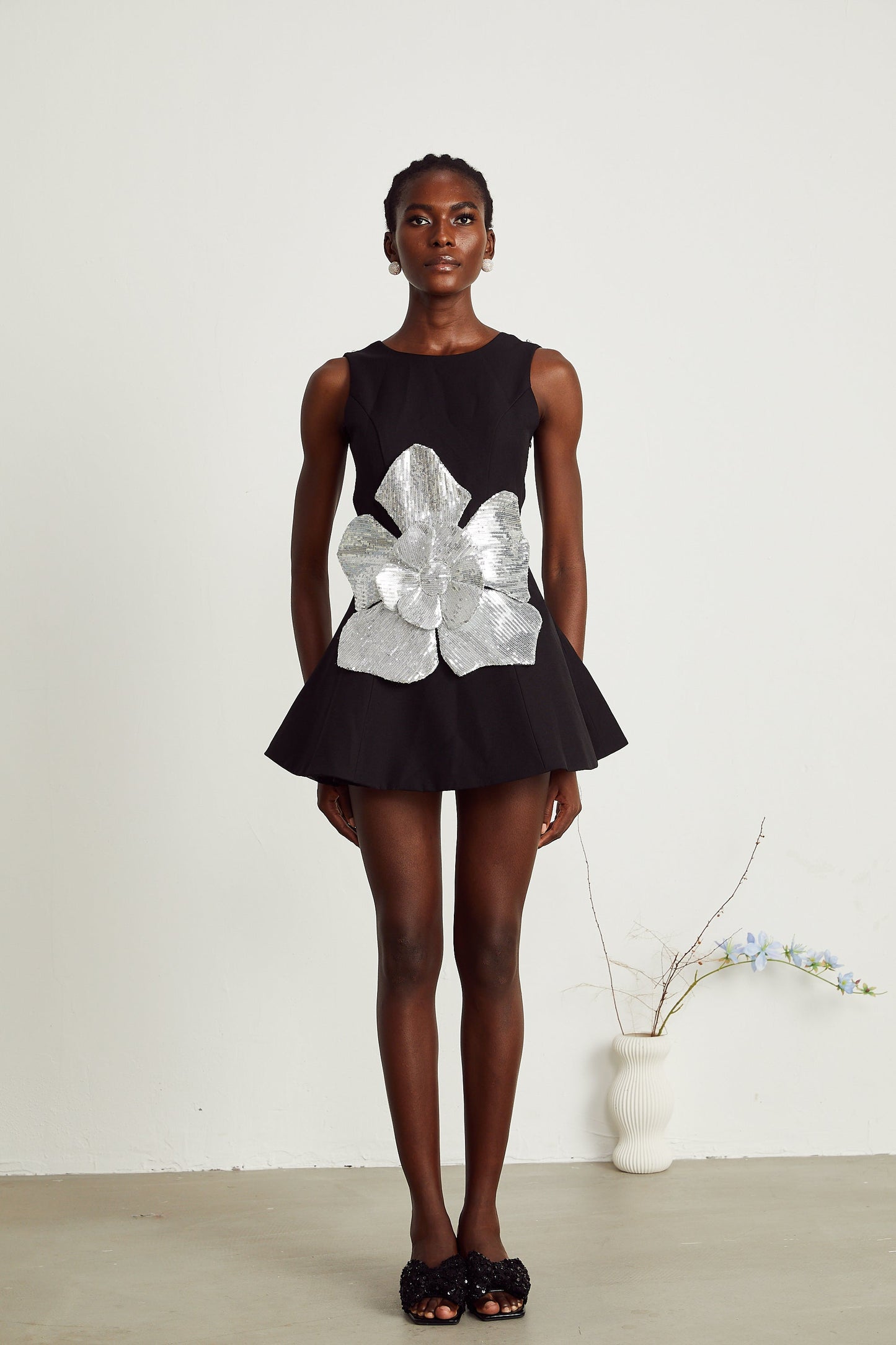Maëlys black floral-appliqué sleeveless mini dress (US Only)