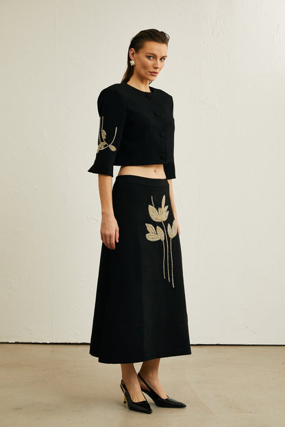 Pauline black floral-appliqué jacket & skirt matching set