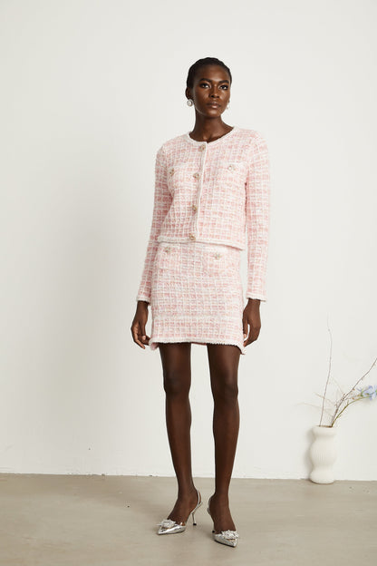 Capucine pink check-pattern cardigan & skirt matching set