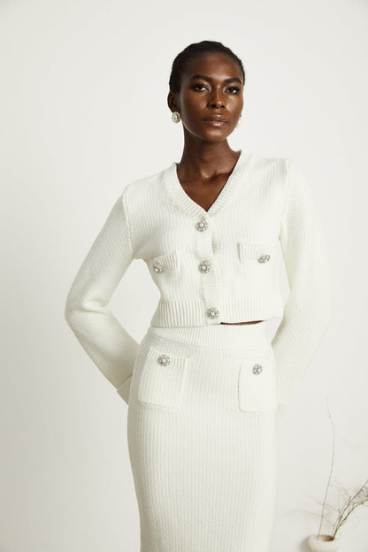Clarisse white knitted cardigan & skirt matching set