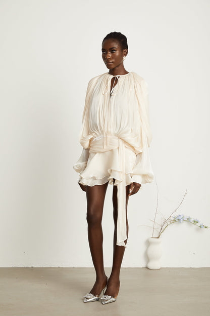 Eugénie fully-pleated ruffled mini dress in Neutrals