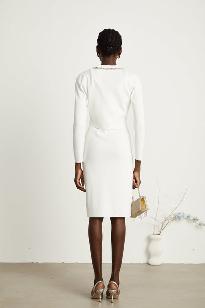 Blanche white bead-embellished cardigan & dress matching set (US Only)